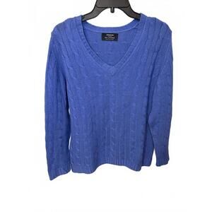 Johnstons of Elgin 100% Cashmere Cable Knit V-Neck Sweater Blue